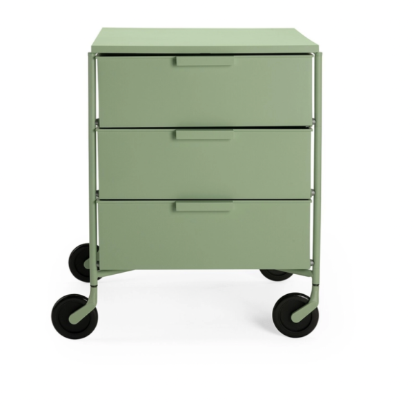 Front View of Kartell Mobil Mat Three-Drawer Cabinet with wheels in Light Green
