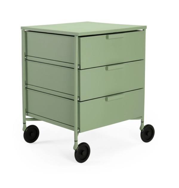 Angle View of Kartell Mobil Mat, three-drawer cabinet in colour light green.