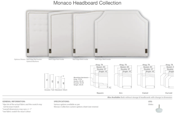 MONACO HEADBOARD SPECIFICATIONS