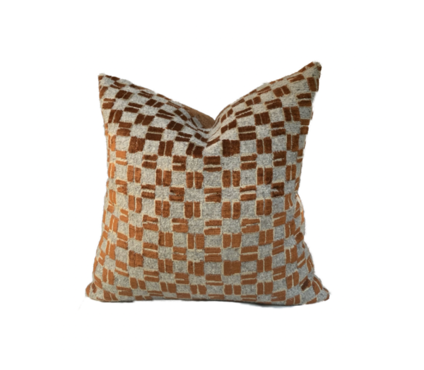 Artisan woven textile cushion in geometric CHESS pattern.